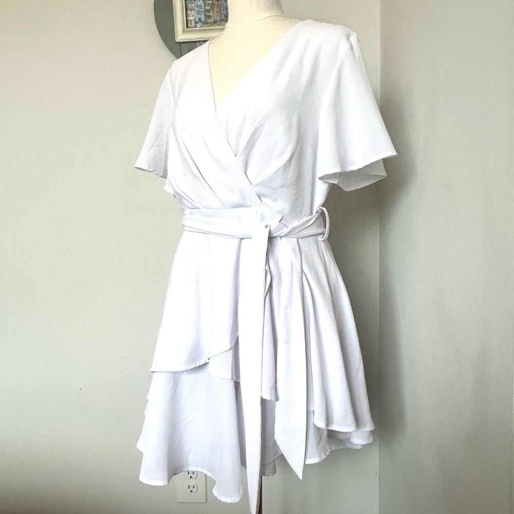 White Mini Dress Faux Wrap Feminine Crossover Neckline Wide Short Sleeves Large